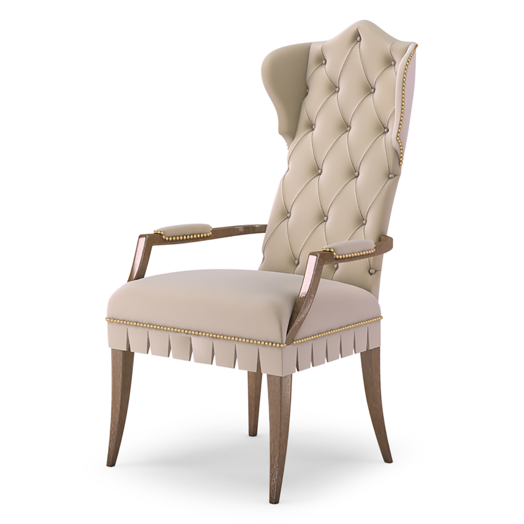 Villa Chair: Light beige upholstered dining chair with tufted back and wooden arms