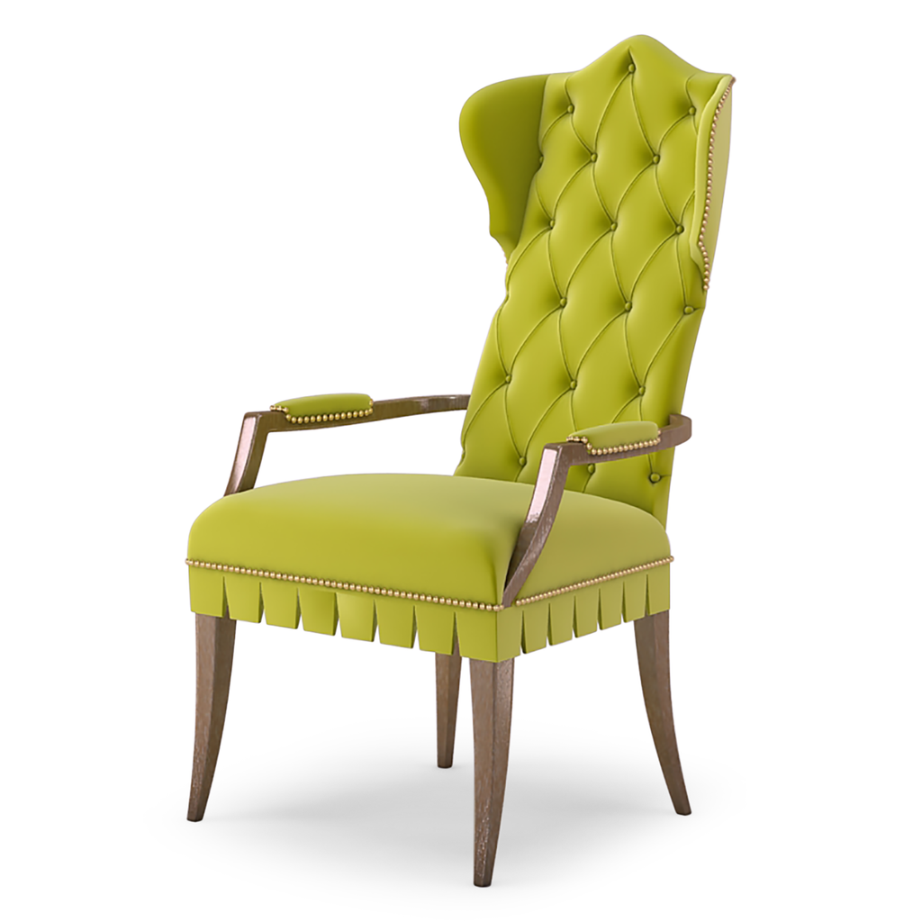 Lime green velvet Villa Chair with tufted wingback design and wooden arms and legs