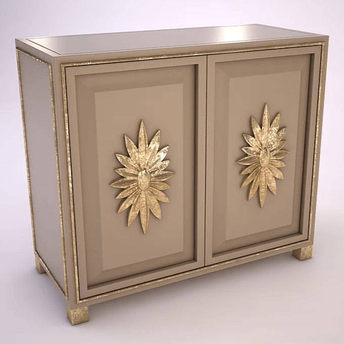 Viscaya Cabinet with two beige doors, gold trim, and decorative sunburst handles