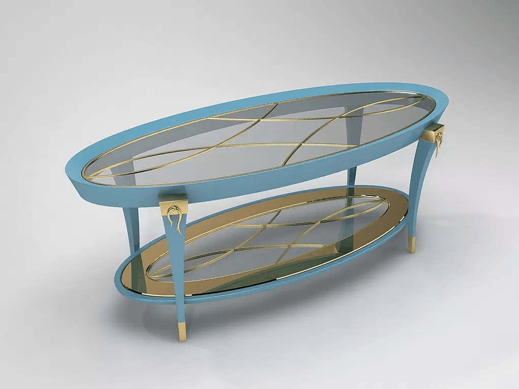 Vlm Cocktail Table with two-tiered oval glass tops blue frames and gold accents