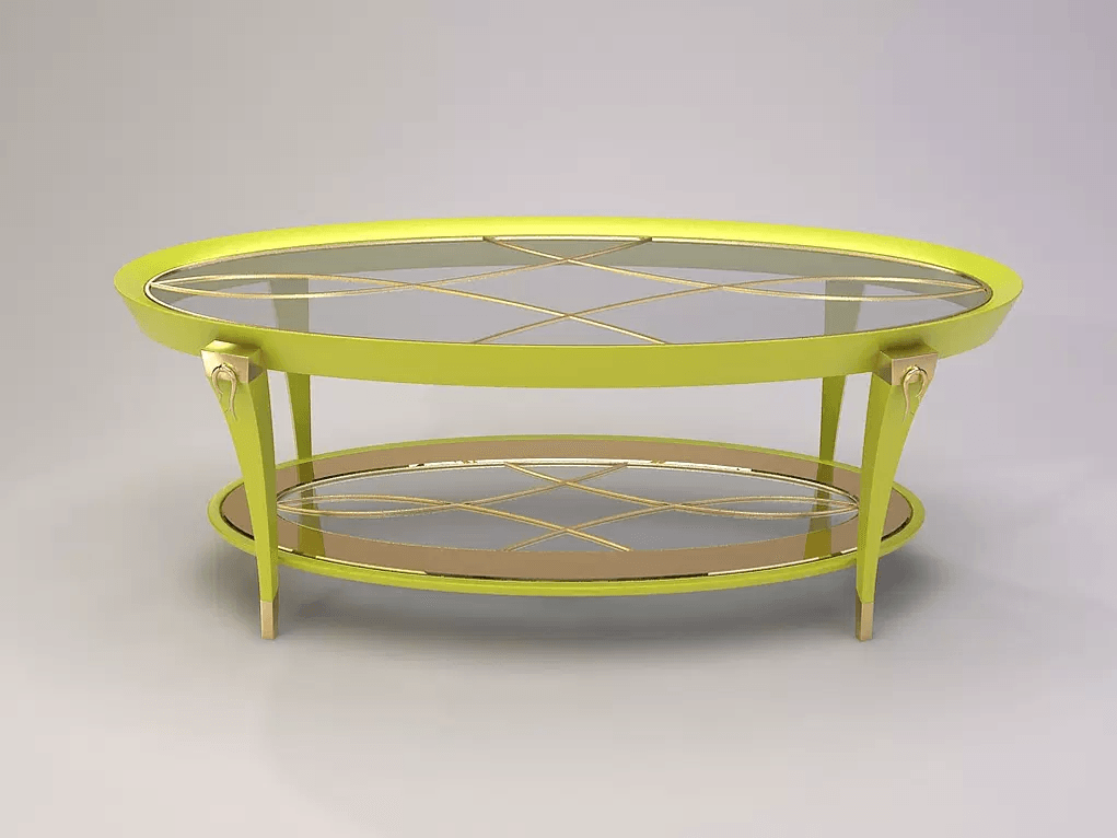 Vlm Cocktail Table with oval shape, chartreuse frame, glass tops, and gold accents