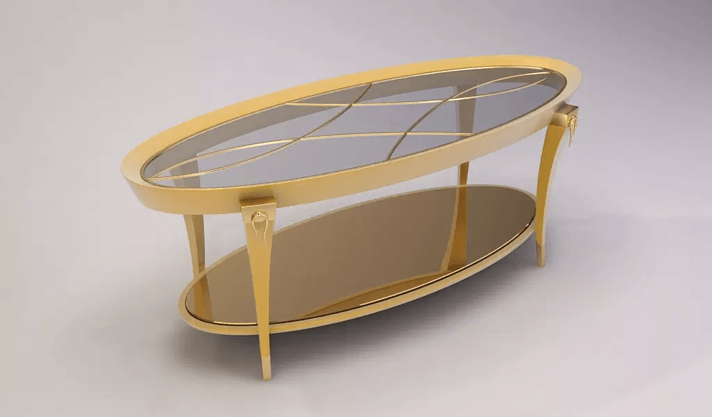 Vlm Cocktail Table with oval glass top, ornate gold legs, and reflective lower shelf
