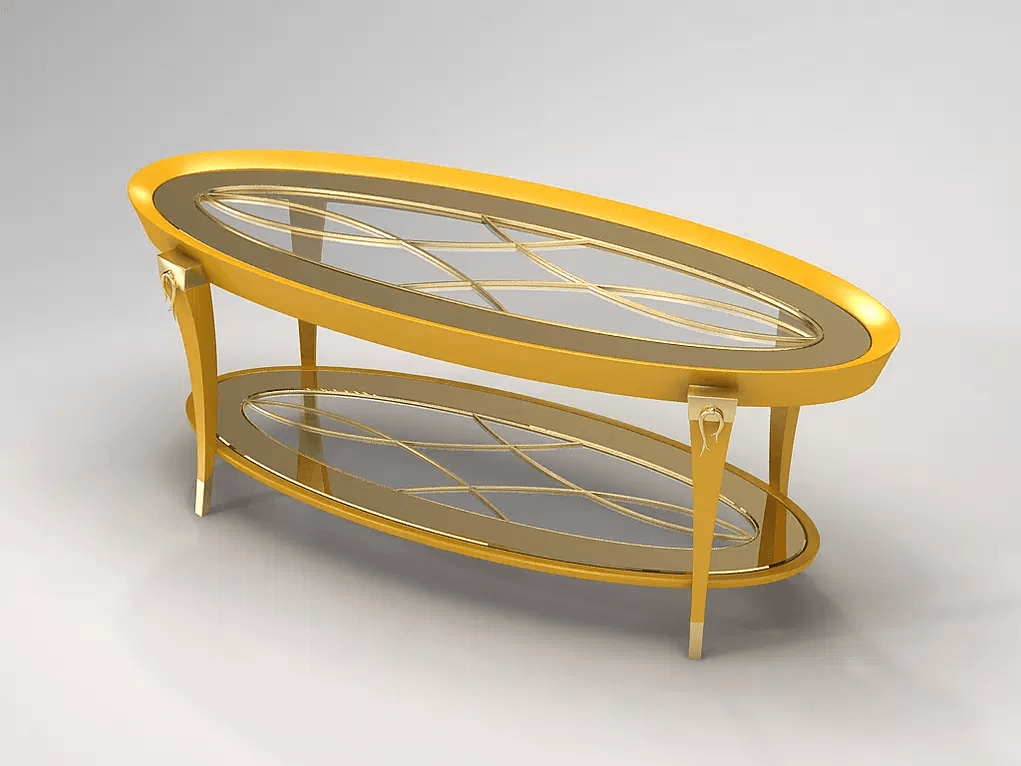 Vlm Cocktail Table with gold oval design, glass shelves, intricate lattice pattern
