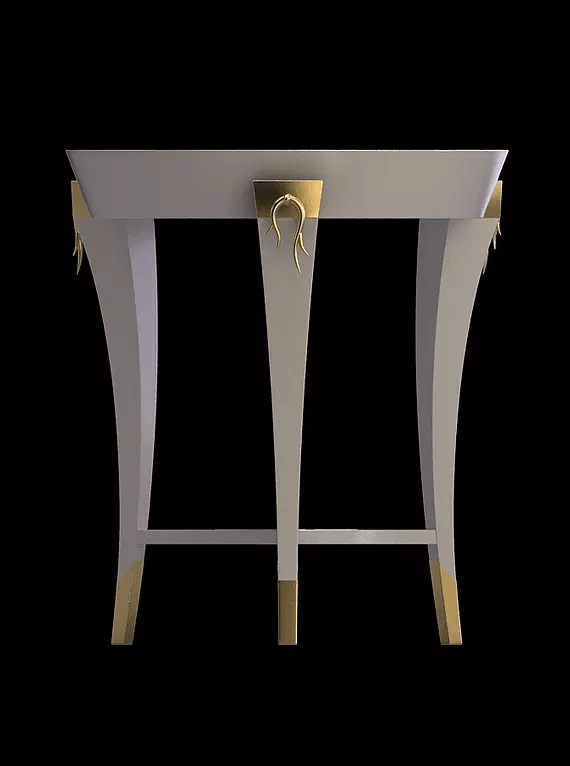Vlm End Table featuring a white console design with tapered legs and gold accents