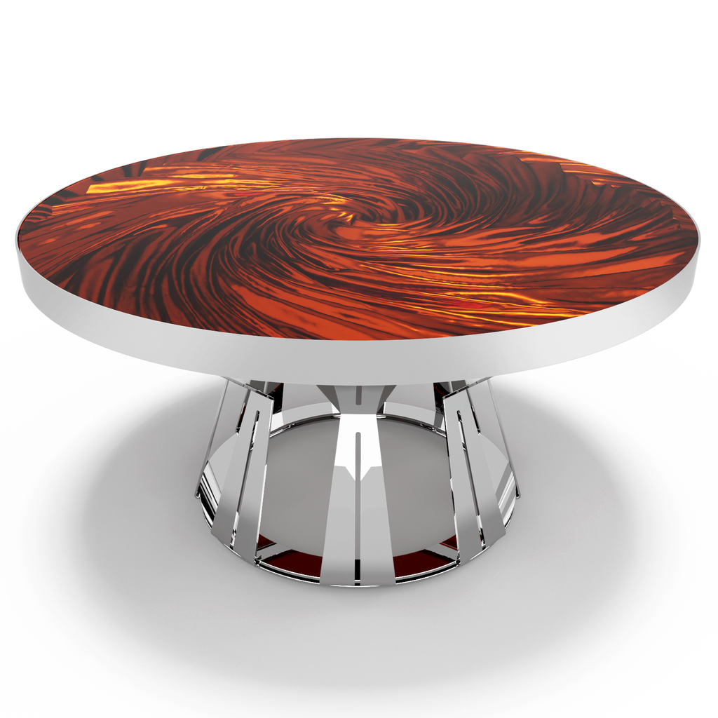 vortex coffee table, glass coffee table, modern coffee table, living room coffee table, chrome coffee table, pearl orange coffee table