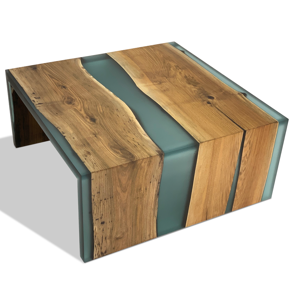 Walnut wood frosted waterfall coffee table with live edge wood and turquoise resin river