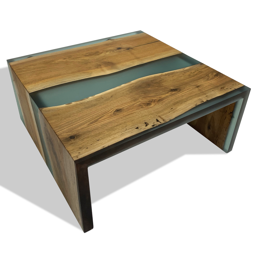 Walnut wood frosted waterfall coffee table with teal resin river and dark metal legs