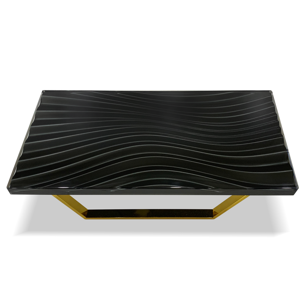 Phebus Wavy Black Coffee Table with wavy textured top and gold geometric base