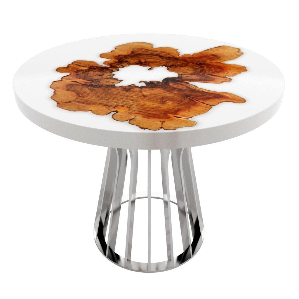 white amiata olive wood round dining table, olive wood dining table, resin dining table, modern dining table, round dining table, ghost white dining table, chrome dining table