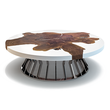 white amiata walnut wood round coffee table, walnut wood coffee table, resin coffee table, modern coffee table, round coffee table, white coffee table, chrome coffee table