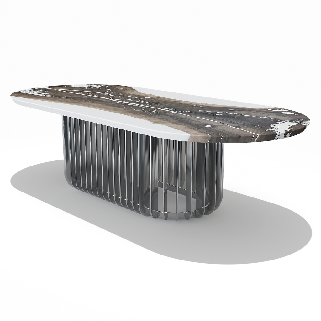 Modern coffee table with oval marble top and chrome base in White Mysteria Bleached Walnut